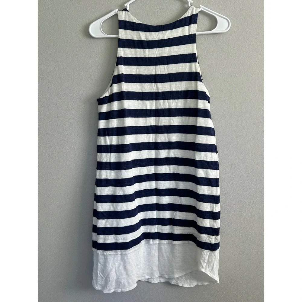 ALC Linen Shift Dress Striped Navy White Sleeveless Coastal Chic quiet luxury